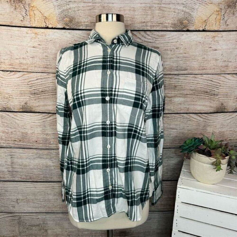 J.Crew Mercantile Women's Plaid Flannel Shirt White/Green Size S Long Sleeve